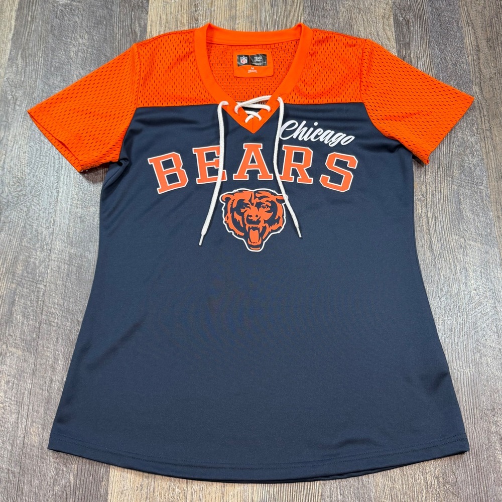 NFL Team Apparel Chicago Bears Women Medium Navy Orange Lace Up Mesh Jersey Top
